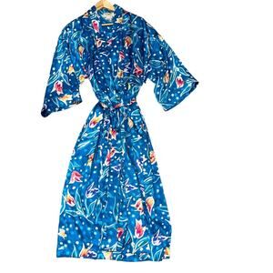 Vintage Christian Dior Kimono Sleeve Blue Floral Print Robe Size M